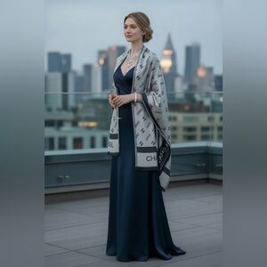 Chanel Elegant Gray and Navy Logo Scarf/Shawl